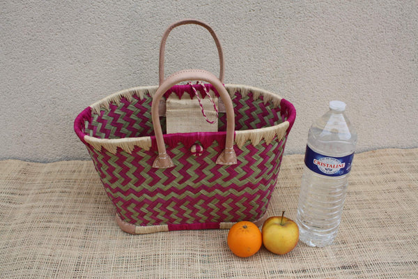 Panier osier rose & naturel – Sac plage cabas marché artisanal Madagascar, rotin tressé main, anses cuir (3 tailles)