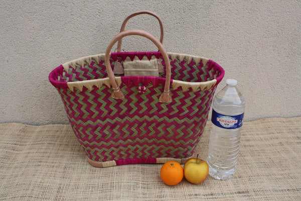 Panier osier rose & naturel – Sac plage cabas marché artisanal Madagascar, rotin tressé main, anses cuir (3 tailles)