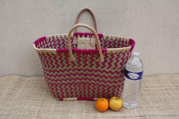 Panier osier rose & naturel – Sac plage cabas marché artisanal Madagascar, rotin tressé main, anses cuir (3 tailles)