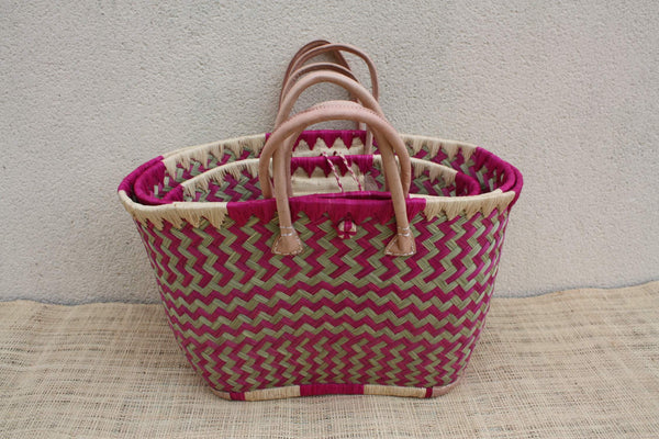 Panier osier rose & naturel – Sac plage cabas marché artisanal Madagascar, rotin tressé main, anses cuir (3 tailles)