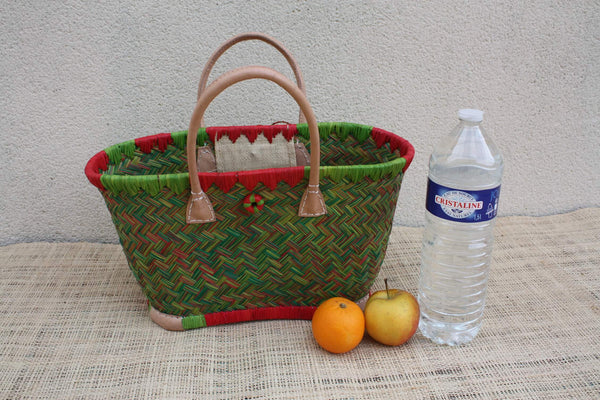 Cabas à courses tressé de Madagascar - Panier Sac Rouge & Vert - Artisanal - 3 tailles au choix -