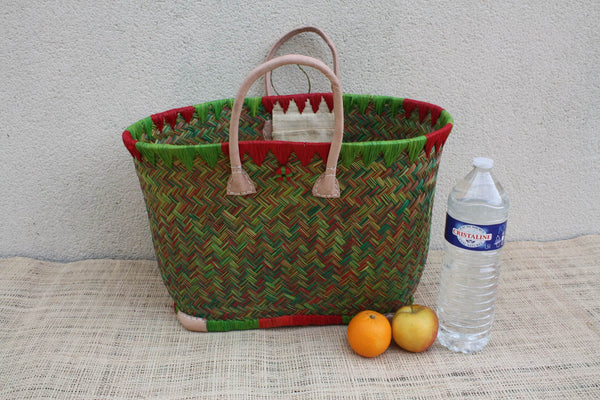Cabas à courses tressé de Madagascar - Panier Sac Rouge & Vert - Artisanal - 3 tailles au choix -