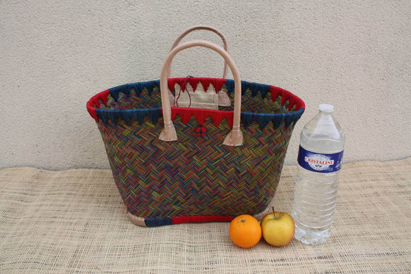 Großer Einkaufskorb aus Madagaskar – Tragetasche blau rot grün – massiv handgeflochten – 3 Größen zur Auswahl – Strandkorb aus Rattanstroh
