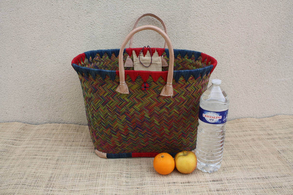 Großer Einkaufskorb aus Madagaskar – Tragetasche blau rot grün – massiv handgeflochten – 3 Größen zur Auswahl – Strandkorb aus Rattanstroh