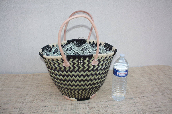 Panier Rond Wax Africain Noir & Naturel – Sac Cabas Bohème en Fibres Naturelles – Panier Marché Plage avec Anses Cuir – Fait Main Madagascar