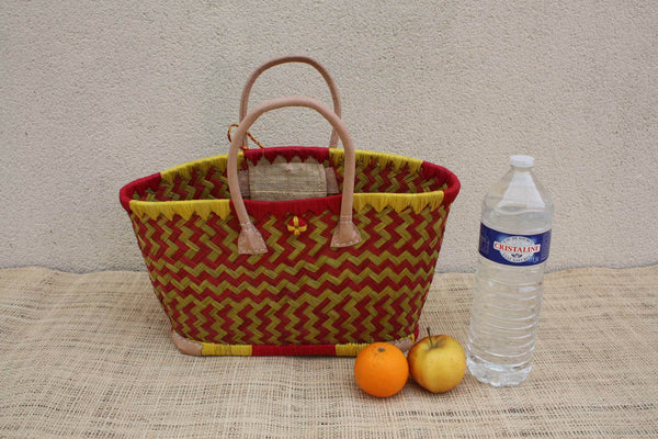 Panier paille rouge & jaune – Sac plage cabas osier marché artisanal Madagascar, rotin tressé main, anses cuir (3 tailles)
