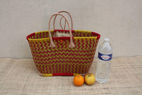 Panier paille rouge & jaune – Sac plage cabas osier marché artisanal Madagascar, rotin tressé main, anses cuir (3 tailles)