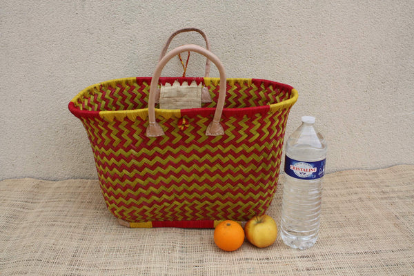 Panier paille rouge & jaune – Sac plage cabas osier marché artisanal Madagascar, rotin tressé main, anses cuir (3 tailles)