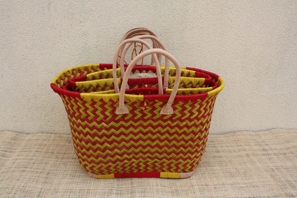 Panier paille rouge & jaune – Sac plage cabas osier marché artisanal Madagascar, rotin tressé main, anses cuir (3 tailles)