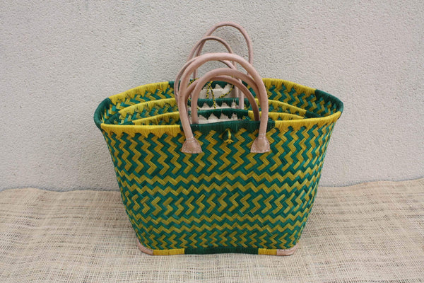 Panier osier vert & jaune – Sac plage cabas marché artisanal Madagascar, rotin tressé main, anses cuir (3 tailles)