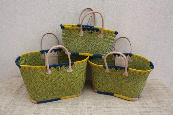 Beau panier rotin jaune naturel tressé main, sac paille plage cabas bohème artisanal, panier marché, anses cuir, 3 tailles du Petit au XXL