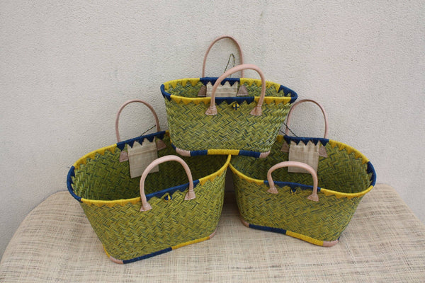 Beau panier rotin jaune naturel tressé main, sac paille plage cabas bohème artisanal, panier marché, anses cuir, 3 tailles du Petit au XXL