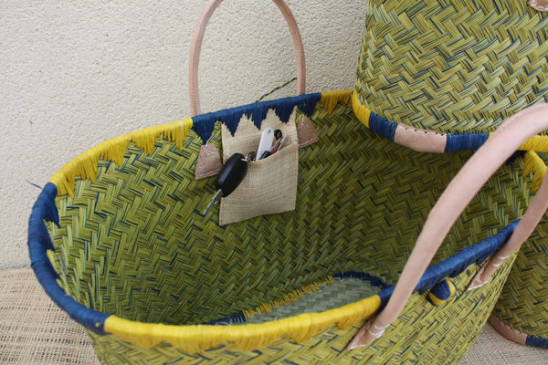 Beau panier rotin jaune naturel tressé main, sac paille plage cabas bohème artisanal, panier marché, anses cuir, 3 tailles du Petit au XXL