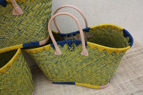 Beau panier rotin jaune naturel tressé main, sac paille plage cabas bohème artisanal, panier marché, anses cuir, 3 tailles du Petit au XXL