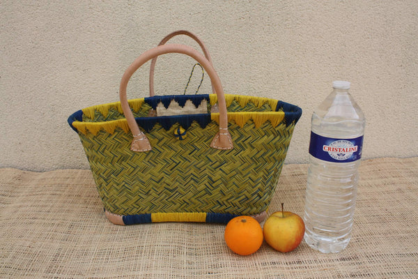 Beau panier rotin jaune naturel tressé main, sac paille plage cabas bohème artisanal, panier marché, anses cuir, 3 tailles du Petit au XXL