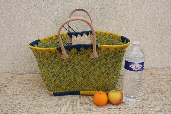 Beau panier rotin jaune naturel tressé main, sac paille plage cabas bohème artisanal, panier marché, anses cuir, 3 tailles du Petit au XXL