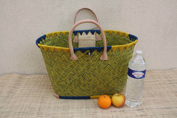 Beau panier rotin jaune naturel tressé main, sac paille plage cabas bohème artisanal, panier marché, anses cuir, 3 tailles du Petit au XXL