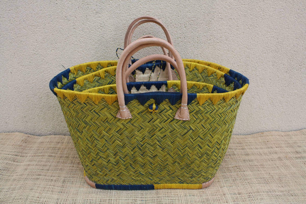 Beau panier rotin jaune naturel tressé main, sac paille plage cabas bohème artisanal, panier marché, anses cuir, 3 tailles du Petit au XXL