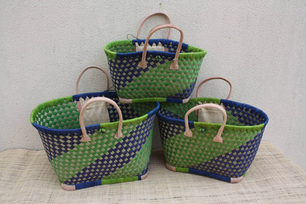 Panier osier artisanal bleu vert – Sac cabas tressé main, anses cuir, panier marché & plage (3 tailles)