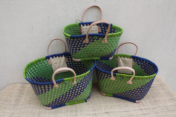 Panier osier artisanal bleu vert – Sac cabas tressé main, anses cuir, panier marché & plage (3 tailles)