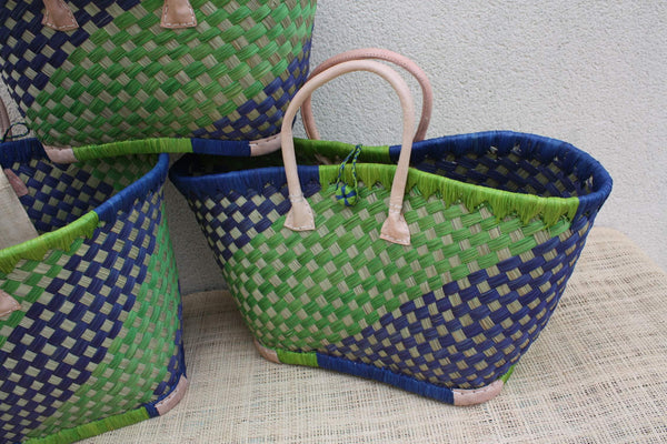 Panier osier artisanal bleu vert – Sac cabas tressé main, anses cuir, panier marché & plage (3 tailles)
