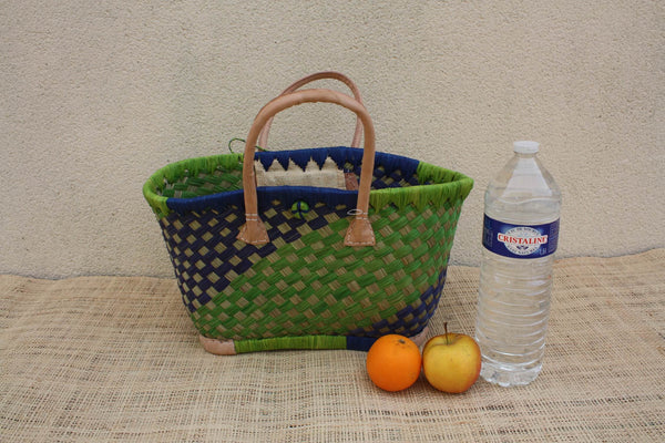 Panier osier artisanal bleu vert – Sac cabas tressé main, anses cuir, panier marché & plage (3 tailles)