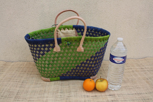 Panier osier artisanal bleu vert – Sac cabas tressé main, anses cuir, panier marché & plage (3 tailles)
