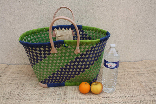 Panier osier artisanal bleu vert – Sac cabas tressé main, anses cuir, panier marché & plage (3 tailles)