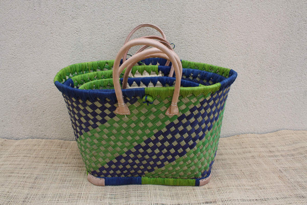 Panier osier artisanal bleu vert – Sac cabas tressé main, anses cuir, panier marché & plage (3 tailles)