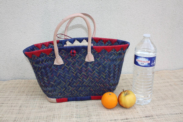 Beau panier à courses - MADAGASCAR - Sac Cabas DAMIER Bleu & Naturel - Tressé à la main - 3 tailles au choix - plage osier paille