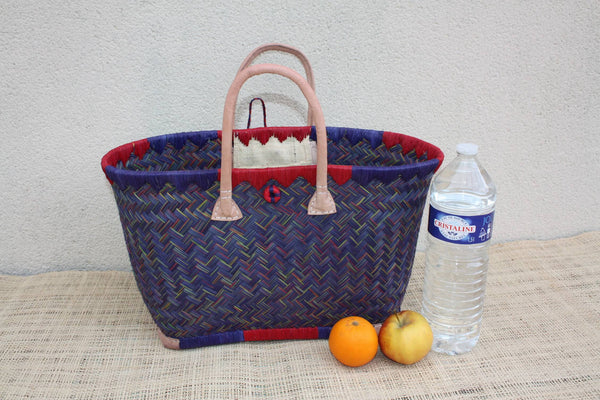 Beau panier à courses - MADAGASCAR - Sac Cabas DAMIER Bleu & Naturel - Tressé à la main - 3 tailles au choix - plage osier paille