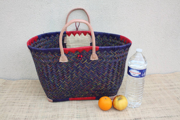 Beau panier à courses - MADAGASCAR - Sac Cabas DAMIER Bleu & Naturel - Tressé à la main - 3 tailles au choix - plage osier paille