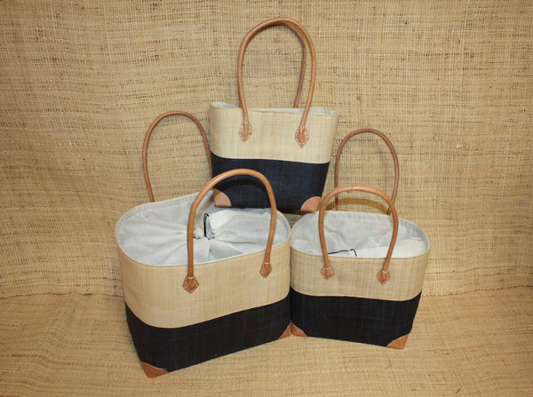 Panier Noir & Naturel - Pochon Tissu Sac Cabas Léger - 3 TAILLES - Marché, courses, plage...