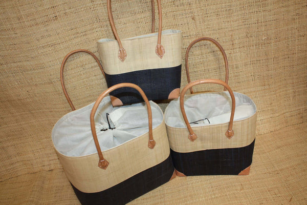 Panier Noir & Naturel - Pochon Tissu Sac Cabas Léger - 3 TAILLES - Marché, courses, plage...