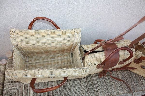 Panier tressé fermé rabat cuir - Sac à main bandoulière / Cabas à courses chic : 3 Modèles au choix ! CRÉATION UNIQUE