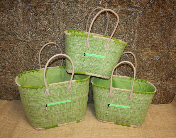 Panier VERT tressé - Doublé Rabane + Poche zippée - Sac Cabas Anses Longues Marchés, courses, plage - 3 TAILLES -