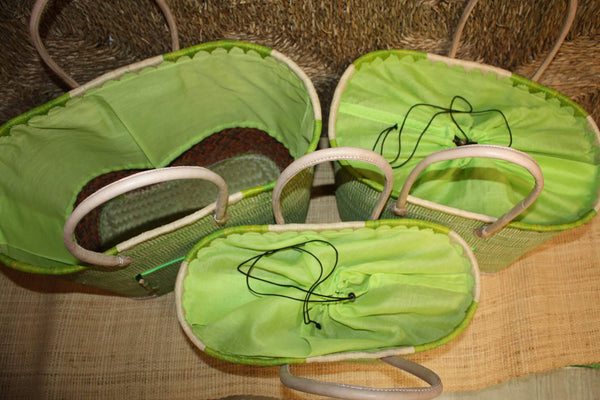 Panier VERT tressé - Doublé Rabane + Poche zippée - Sac Cabas Anses Longues Marchés, courses, plage - 3 TAILLES -