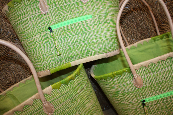 Panier VERT tressé - Doublé Rabane + Poche zippée - Sac Cabas Anses Longues Marchés, courses, plage - 3 TAILLES -