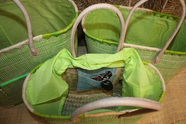 Panier VERT tressé - Doublé Rabane + Poche zippée - Sac Cabas Anses Longues Marchés, courses, plage - 3 TAILLES -