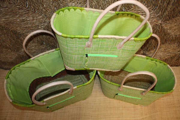 Panier VERT tressé - Doublé Rabane + Poche zippée - Sac Cabas Anses Longues Marchés, courses, plage - 3 TAILLES -