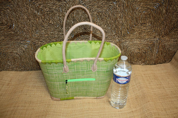 Panier VERT tressé - Doublé Rabane + Poche zippée - Sac Cabas Anses Longues Marchés, courses, plage - 3 TAILLES -