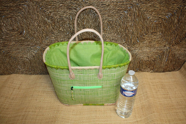 Panier VERT tressé - Doublé Rabane + Poche zippée - Sac Cabas Anses Longues Marchés, courses, plage - 3 TAILLES -
