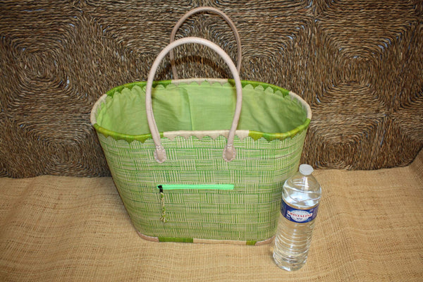 Panier VERT tressé - Doublé Rabane + Poche zippée - Sac Cabas Anses Longues Marchés, courses, plage - 3 TAILLES -