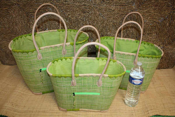 Panier VERT tressé - Doublé Rabane + Poche zippée - Sac Cabas Anses Longues Marchés, courses, plage - 3 TAILLES -
