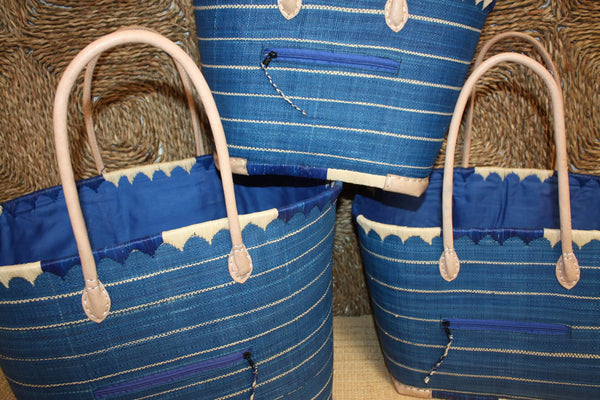 Panier Bleu & Naturel - Doublure tressée Rabane + Poche extérieure - Sac Cabas Anses Longues - 3 TAILLES - Marchés, courses, plage...