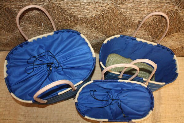 Panier Bleu & Naturel - Doublure tressée Rabane + Poche extérieure - Sac Cabas Anses Longues - 3 TAILLES - Marchés, courses, plage...