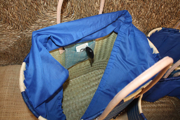 Panier Bleu & Naturel - Doublure tressée Rabane + Poche extérieure - Sac Cabas Anses Longues - 3 TAILLES - Marchés, courses, plage...