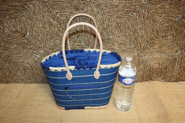 Panier Bleu & Naturel - Doublure tressée Rabane + Poche extérieure - Sac Cabas Anses Longues - 3 TAILLES - Marchés, courses, plage...