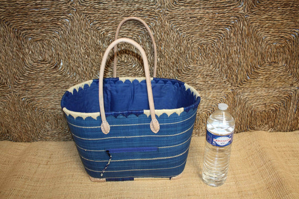 Panier Bleu & Naturel - Doublure tressée Rabane + Poche extérieure - Sac Cabas Anses Longues - 3 TAILLES - Marchés, courses, plage...