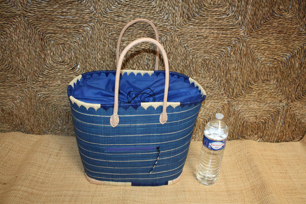 Panier Bleu & Naturel - Doublure tressée Rabane + Poche extérieure - Sac Cabas Anses Longues - 3 TAILLES - Marchés, courses, plage...